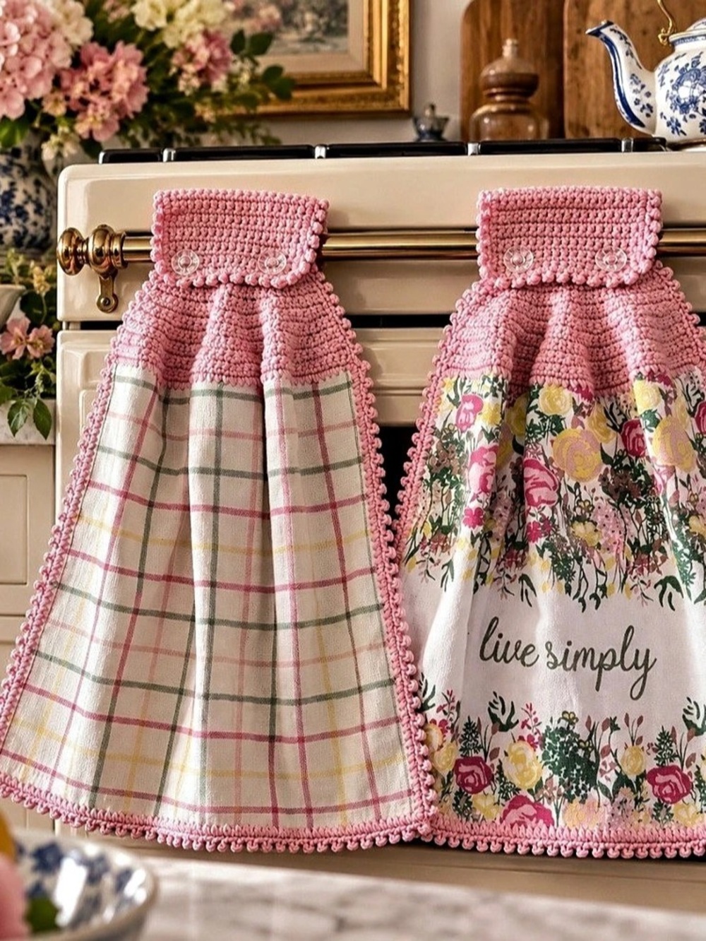 Artisan Handmade Crochet Hanging Kitchen Towels Set 2 Pink Plaid Floral